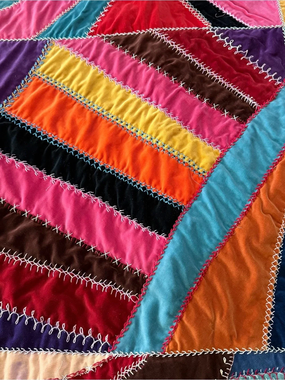 Vintage Crazy Patch Velvet Quilt 66x84 Hand Embroidered Boho Victorian